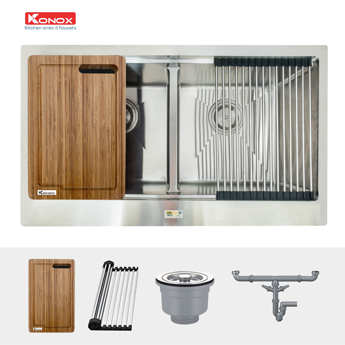 Apron sink KN8750DASiphon, thớt gỗ, roll mat