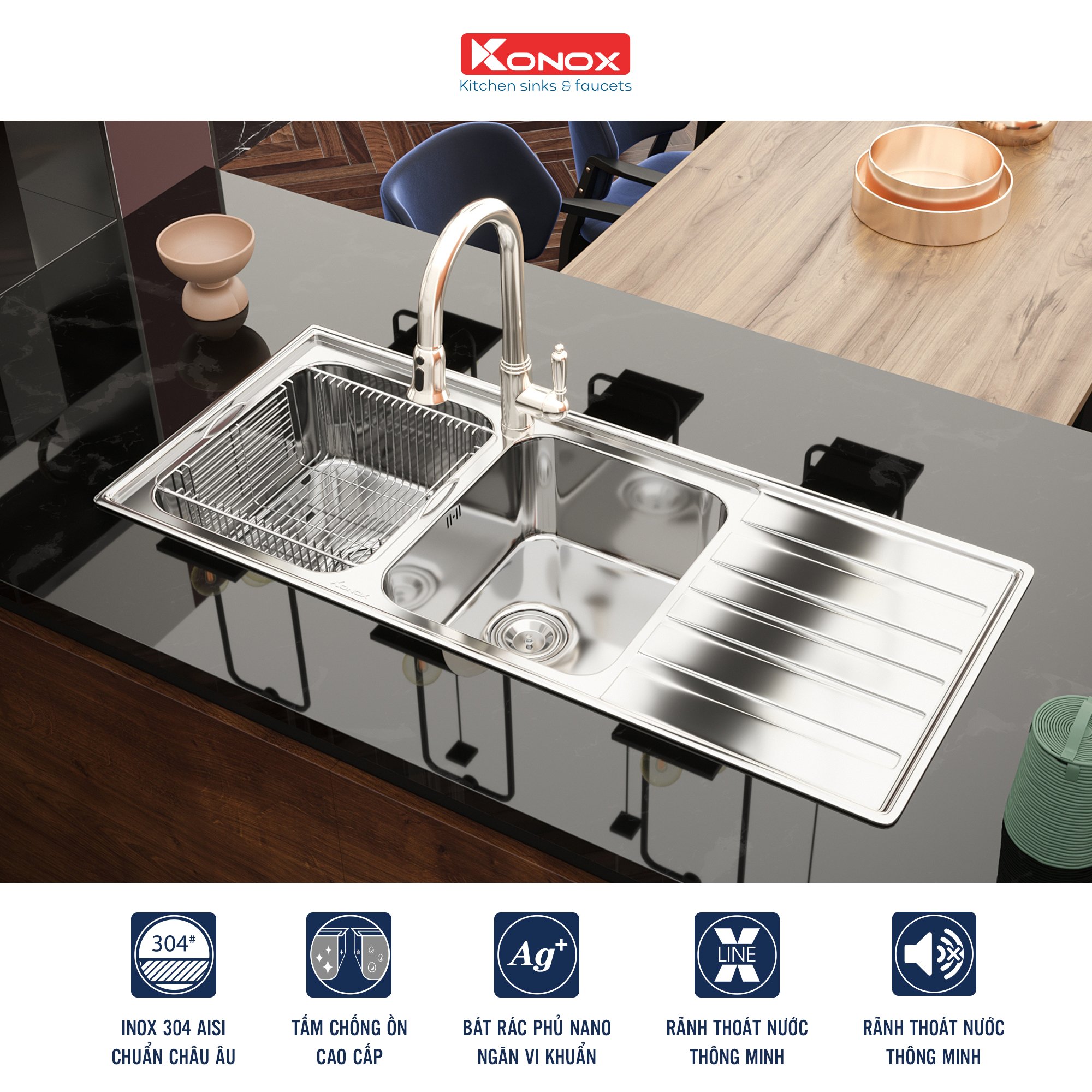 European sink Artusi KS11650 1D – Bàn phảiSiphon, giá úp bát inox