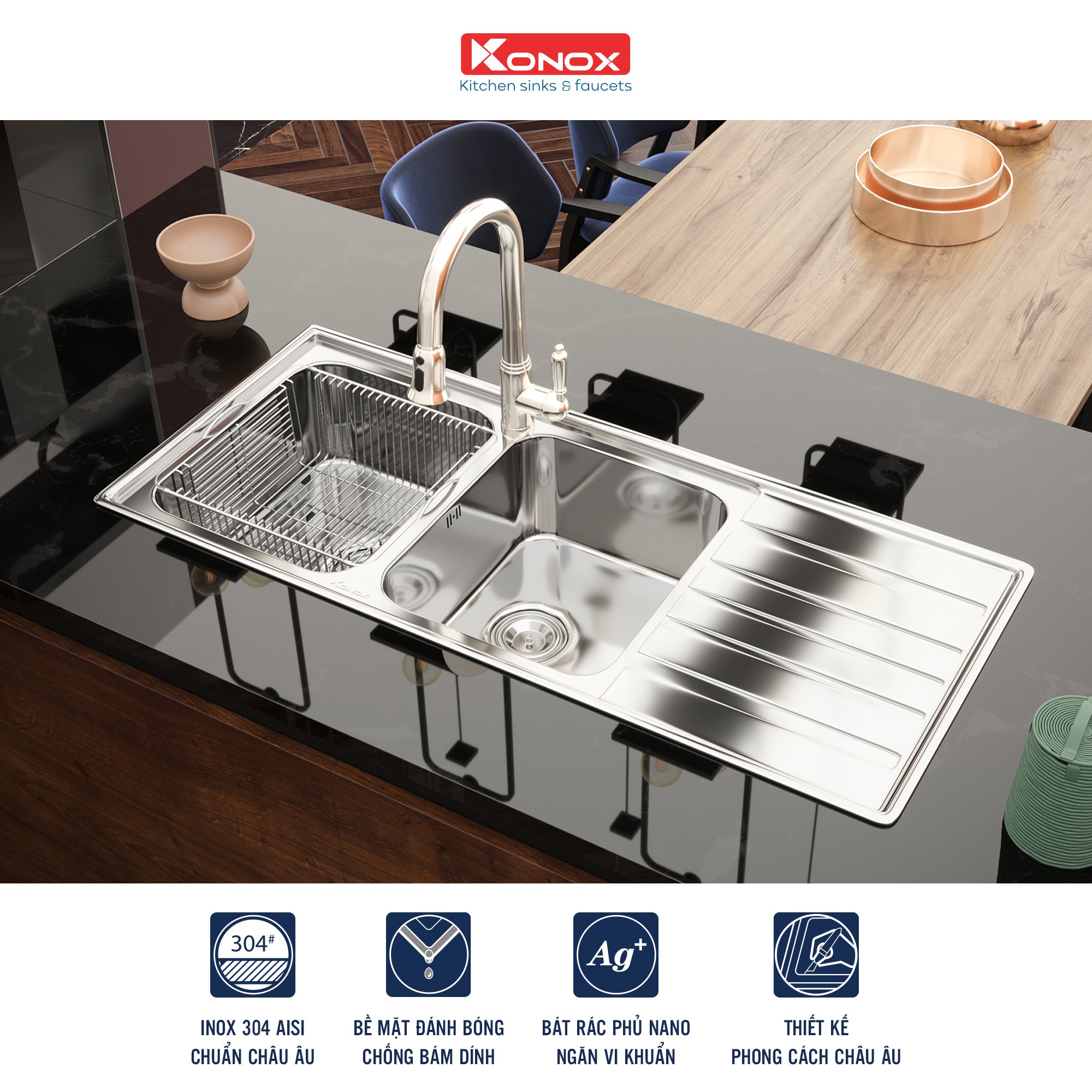 European sink Artusi KS11650 1D – Bàn tráiSiphon, giá úp bát inox