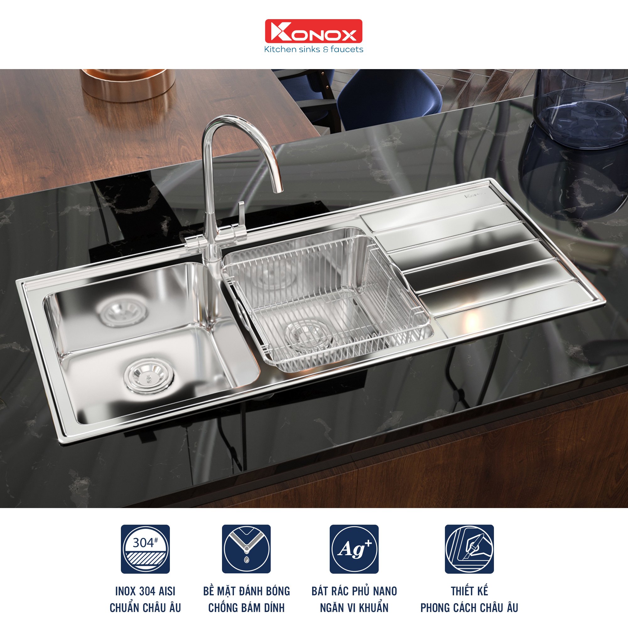 European sink Premium KS11650 2B – Bàn phảiSiphon, giá úp bát inox