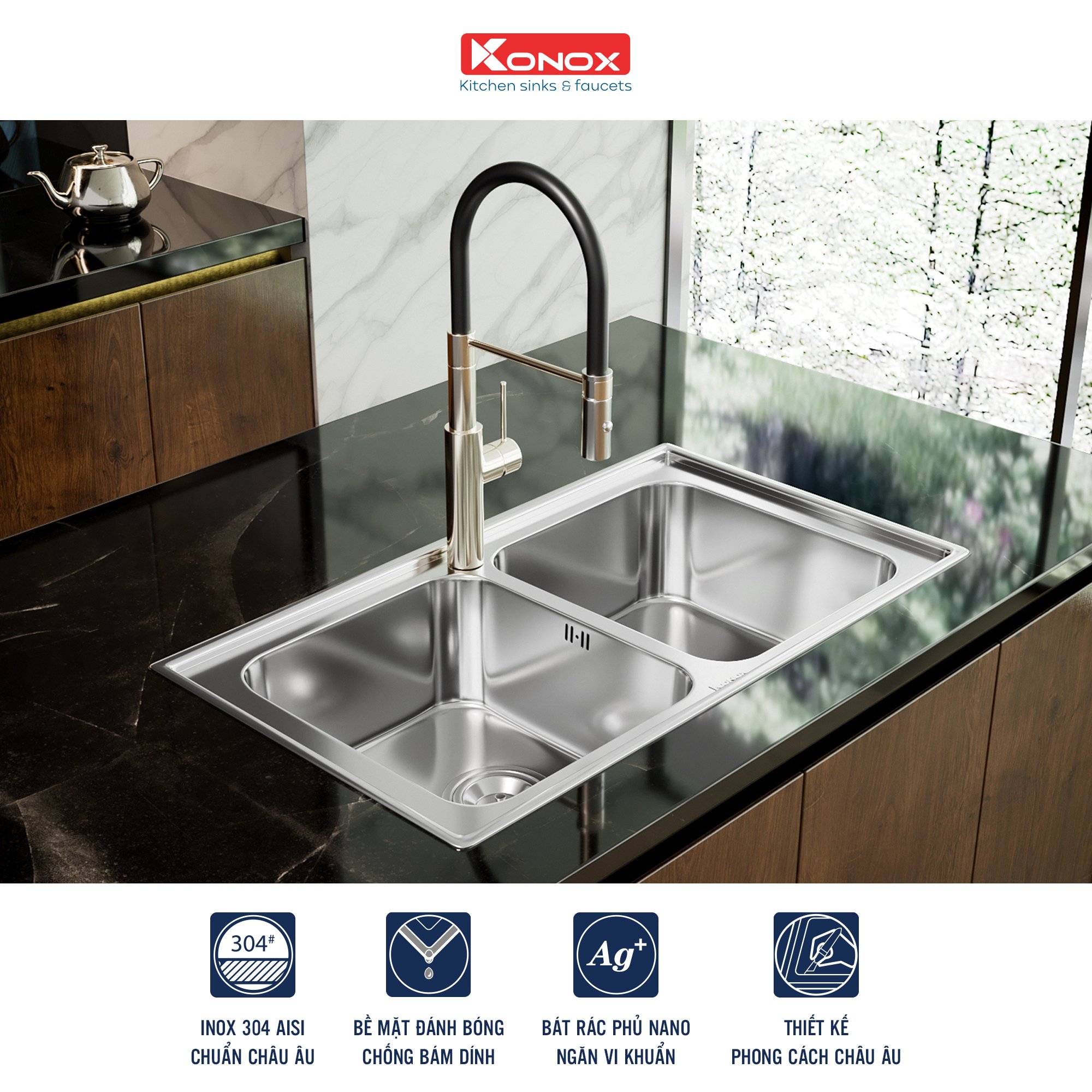 European sink Premium KS8650 2BSiphon, giá úp bát inox