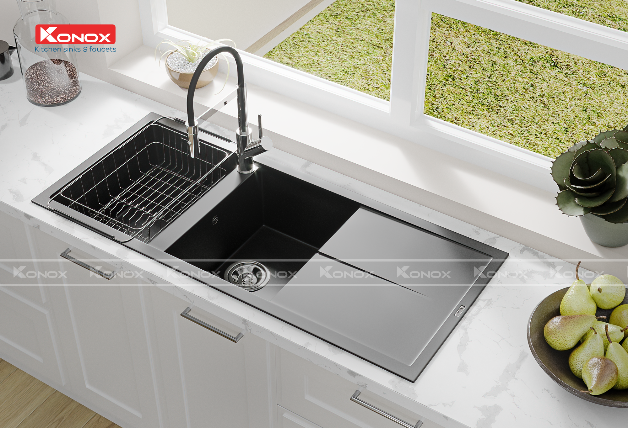 Granite sink Livello 1160 BlackSiphon, giá úp bát inox