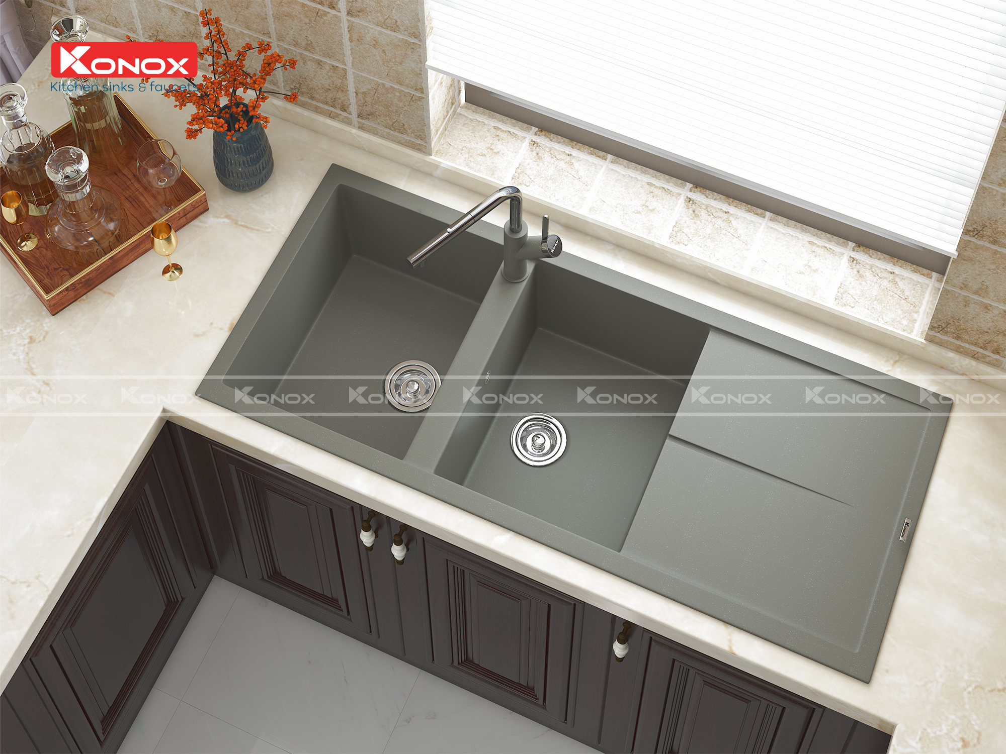 Granite sink Livello 1160 GreySiphon, giá úp bát inox