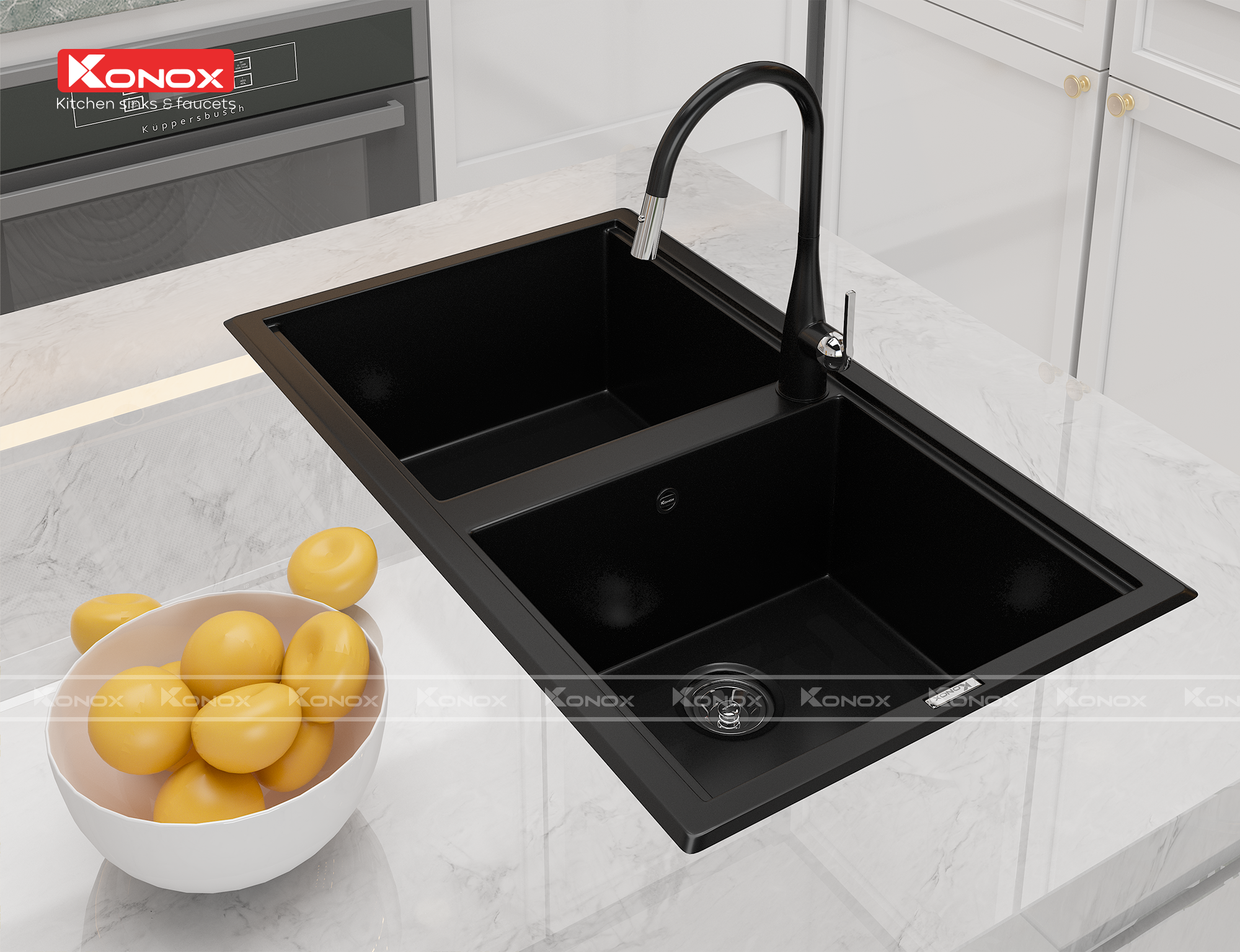 Granite sink Phoenix 860 BlackSiphon, giá úp bát inox