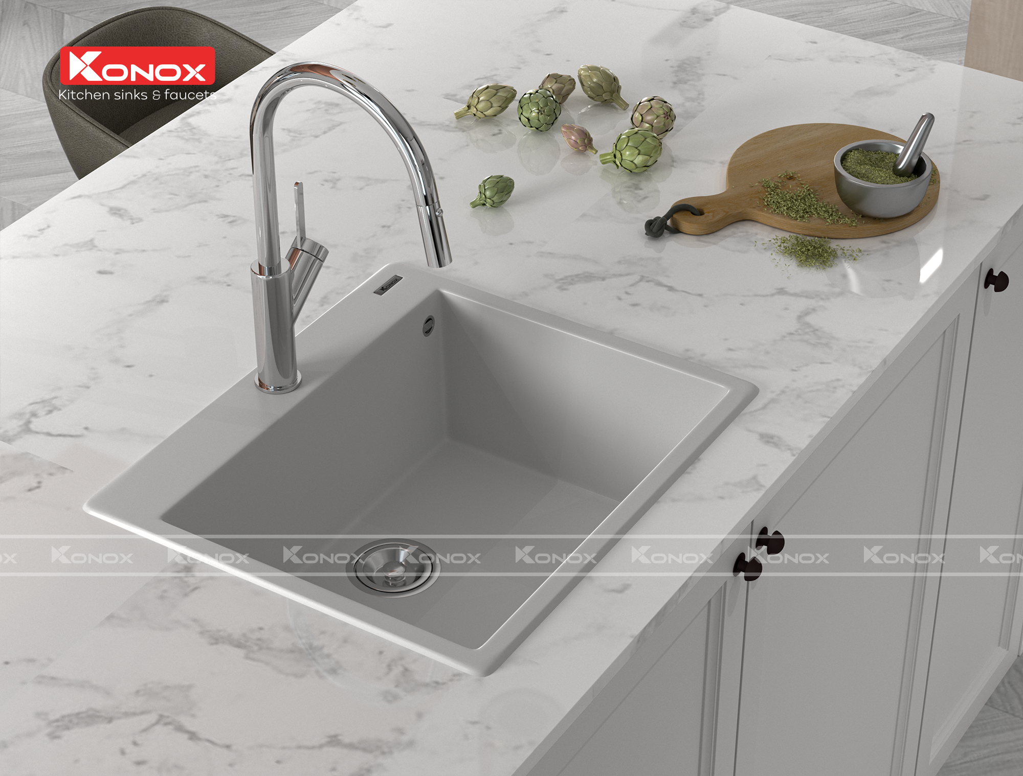 Granite sink Ruvita 680 White SilverSiphon, giá úp bát inox